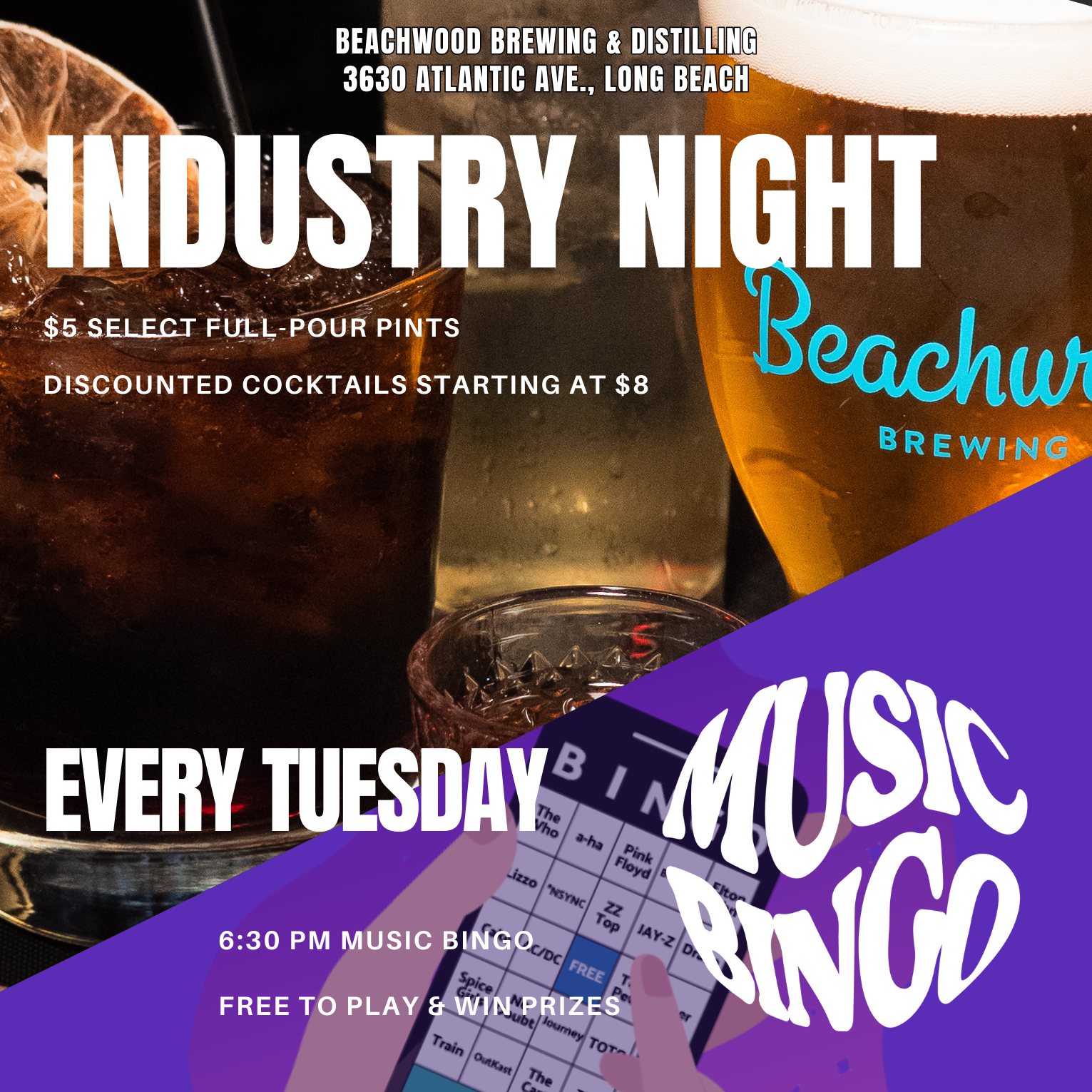 Industry Night & Music BINGO Tuesdays at Beachwood Brewing & Distilling 