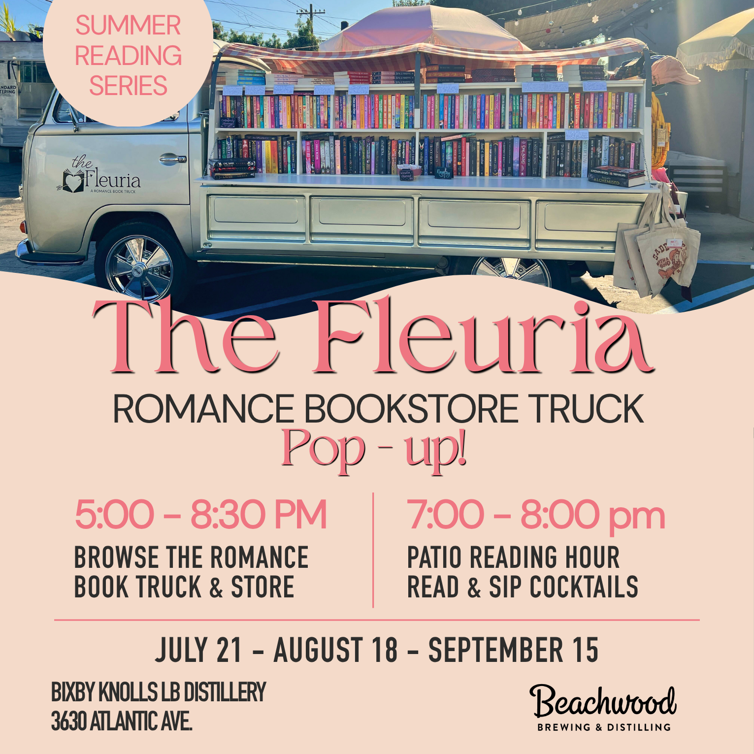 The Fleuria Romance Bookstore Truck Pop-up at Bixby Knolls LB Distillery